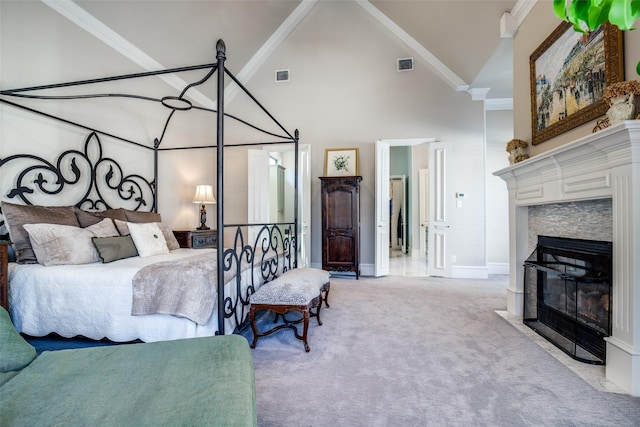 5340 Jessica Ln, Frisco, TX 75034 - bedroom with high vaulted ceiling, carpet, a fireplace, and crown molding