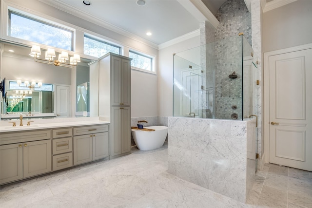 5340 Jessica Ln, Frisco, TX 75034 - bathroom with crown molding, a stall shower, a freestanding tub, vanity, and a chandelier