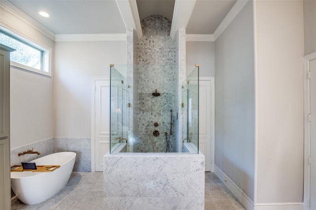 5340 Jessica Ln, Frisco, TX 75034 - bathroom featuring a shower stall, a freestanding bath, ornamental molding, and tile patterned flooring