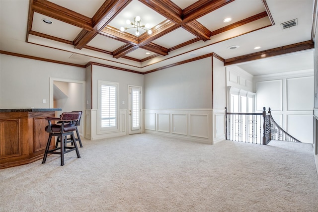 5340 Jessica Ln, Frisco, TX 75034 - office area with a decorative wall, coffered ceiling, light carpet, beamed ceiling, and a chandelier