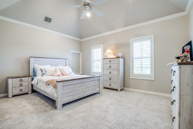 5340 Jessica Ln, Frisco, TX 75034 - carpeted bedroom featuring high vaulted ceiling, crown molding, and a ceiling fan