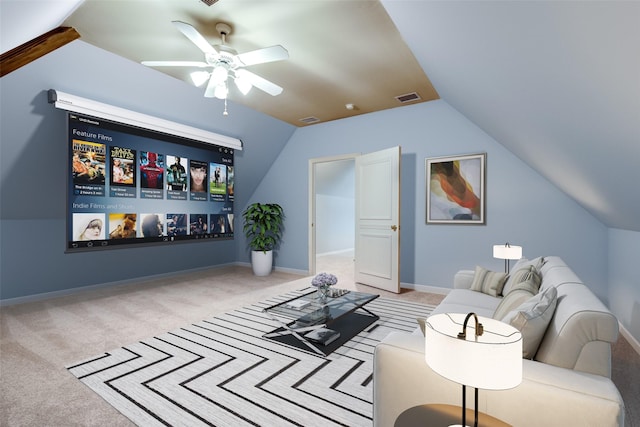 5340 Jessica Ln, Frisco, TX 75034 - living room with carpet, vaulted ceiling, and a ceiling fan