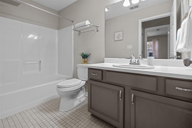 full bathroom featuring toilet, visible vents, shower / bathing tub combination, and vanity