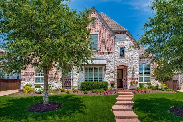 view of front of house featuring a shingled roof, brick siding, fence, stone siding, and a front yard