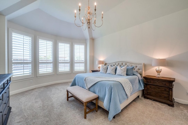 bedroom featuring baseboards, a chandelier, and light colored carpet