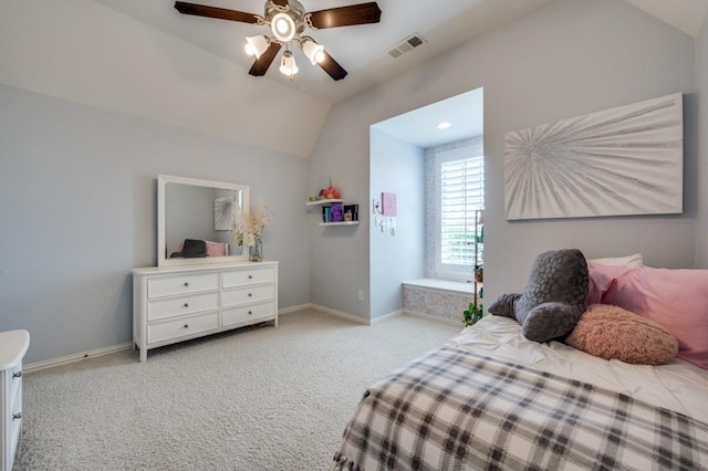 bedroom with carpet, visible vents, a ceiling fan, vaulted ceiling, and baseboards