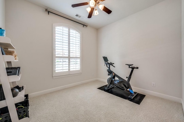 workout area featuring carpet floors, a wealth of natural light, and visible vents