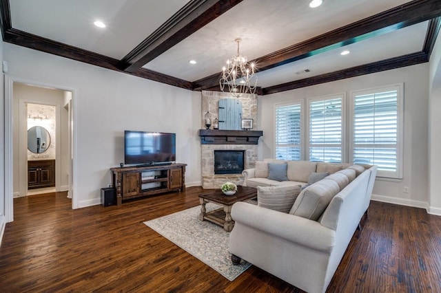 living area with dark wood-style floors, a fireplace, beamed ceiling, and baseboards