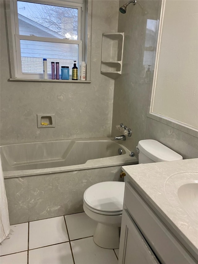 bathroom featuring shower / bathtub combination, vanity, tile patterned flooring, and toilet