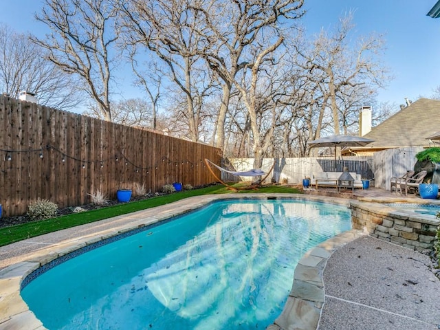 view of pool featuring a patio area, a fenced in pool, and a fenced backyard