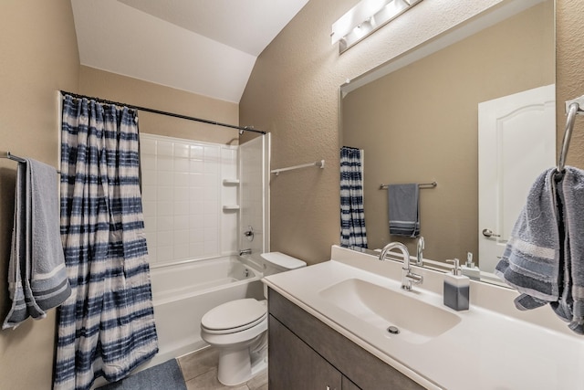 bathroom featuring a textured wall, toilet, shower / tub combo with curtain, tile patterned flooring, and vanity