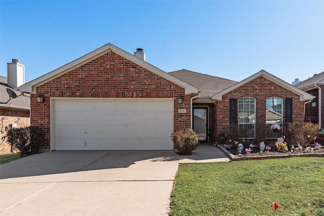 ranch-style house with a garage, brick siding, concrete driveway, roof with shingles, and a front lawn