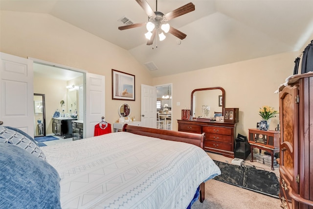 bedroom featuring lofted ceiling, carpet, visible vents, and a ceiling fan