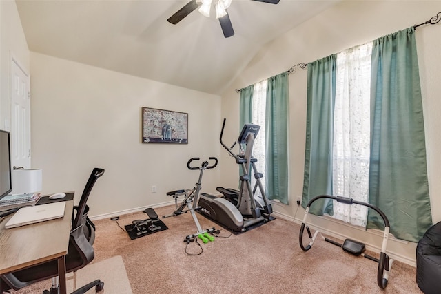 workout area with lofted ceiling, carpet floors, a ceiling fan, and baseboards