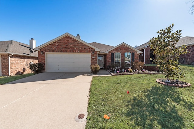 ranch-style home with an attached garage, concrete driveway, brick siding, and a front yard