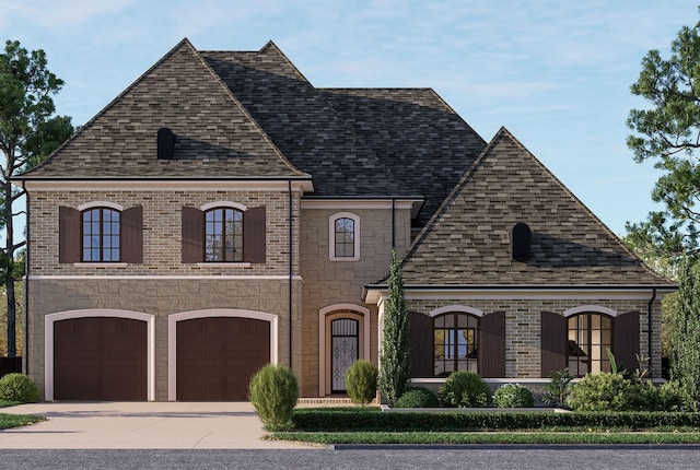 view of front of property featuring driveway, brick siding, a garage, and roof with shingles