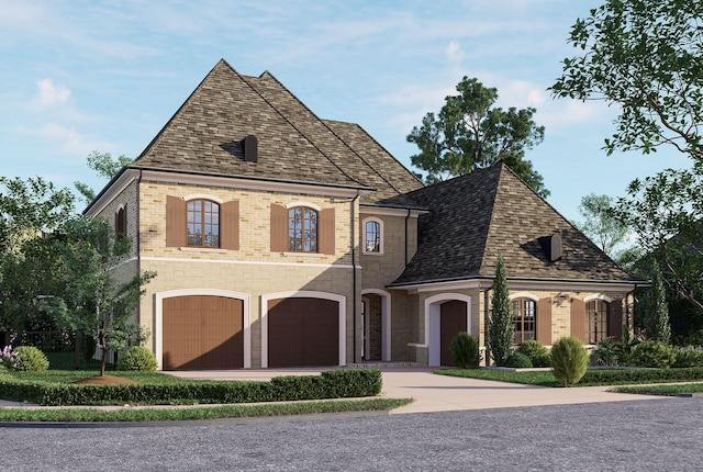 view of front of house featuring brick siding, roof with shingles, concrete driveway, an attached garage, and stone siding