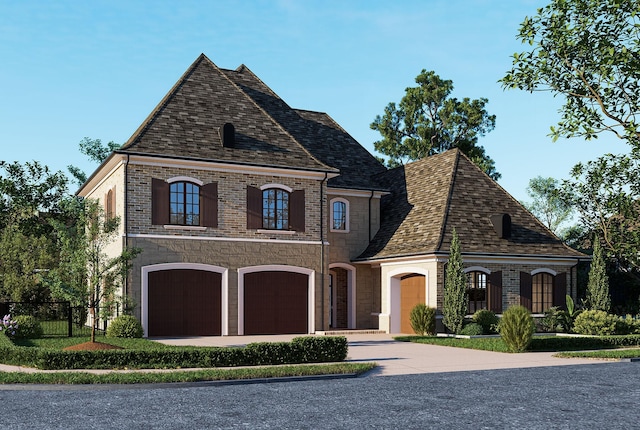 view of front facade featuring brick siding, fence, a garage, stone siding, and driveway