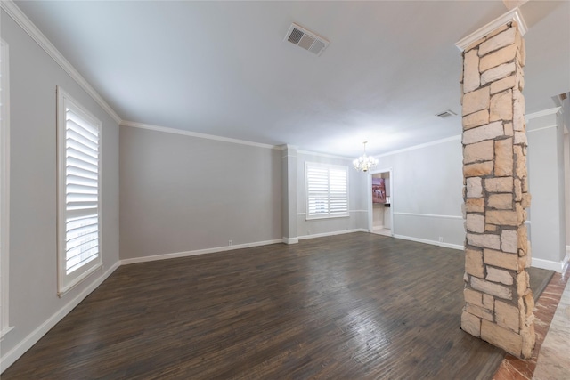 unfurnished living room with crown molding, dark wood-style flooring, visible vents, and a notable chandelier