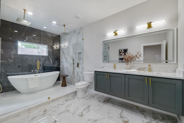 bathroom with double vanity, a marble finish shower, visible vents, toilet, and marble finish floor