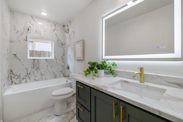 bathroom with marble finish floor, recessed lighting, shower / bathing tub combination, toilet, and vanity