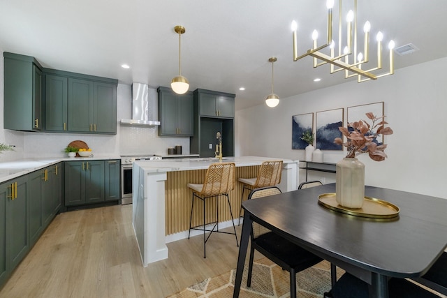 kitchen with visible vents, wall chimney exhaust hood, light wood-style flooring, stainless steel electric range, and light countertops