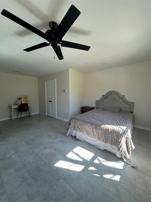 bedroom featuring ceiling fan, visible vents, and baseboards