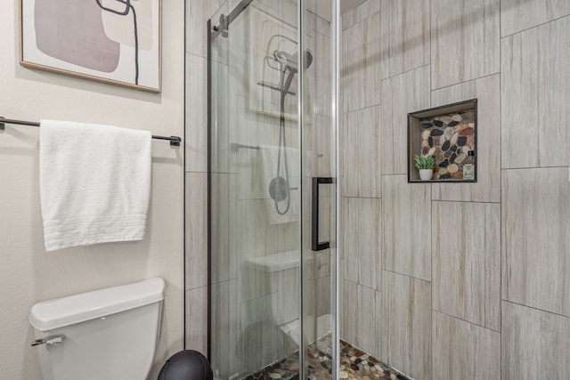 bathroom with a stall shower and toilet