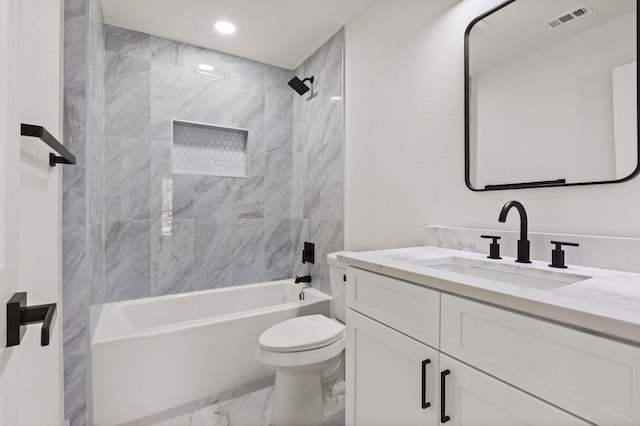300 Covey Ln, Mckinney, TX 75071 - full bath with visible vents, toilet, shower / bathing tub combination, marble finish floor, and vanity