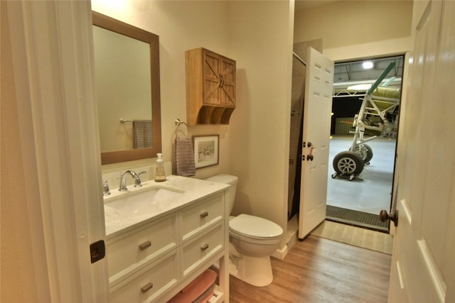 bathroom with vanity, toilet, and wood finished floors