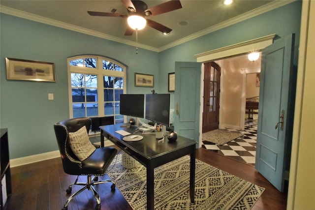 office space with dark wood-style floors, crown molding, and baseboards