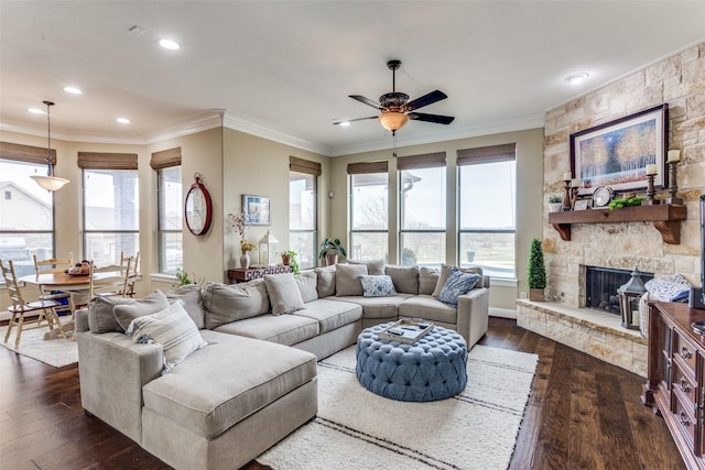 living area with ornamental molding, recessed lighting, dark wood-style flooring, and a fireplace