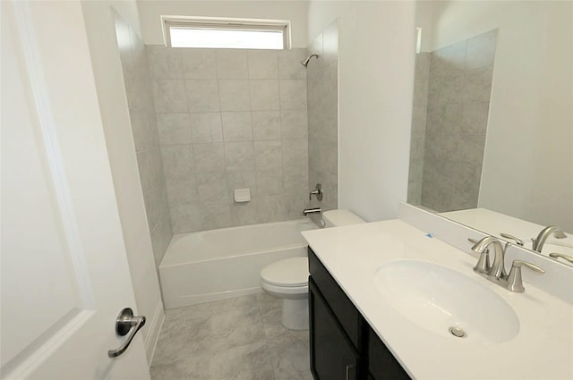 full bath featuring shower / bathing tub combination, vanity, and toilet