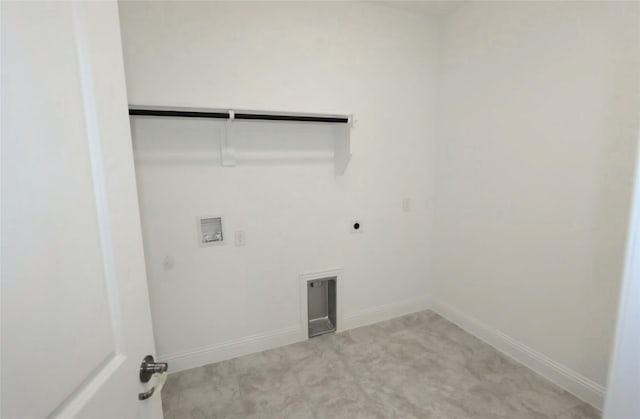 clothes washing area with laundry area, baseboards, hookup for a gas dryer, washer hookup, and electric dryer hookup