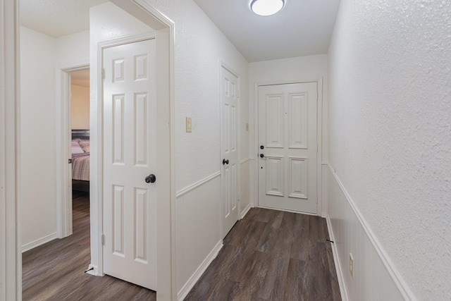 hall featuring dark wood-style floors, a wainscoted wall, a textured wall, and a decorative wall