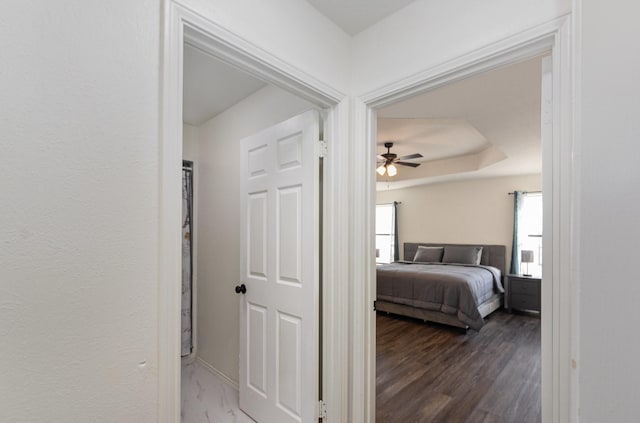 bedroom featuring wood finished floors, a raised ceiling, a ceiling fan, and baseboards