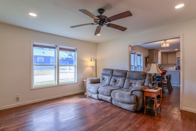 living room featuring dark wood-type flooring, a wealth of natural light, baseboards, and recessed lighting