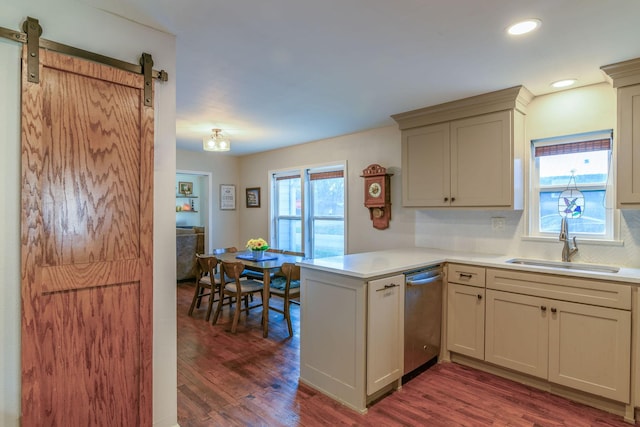 kitchen with a sink, a peninsula, dark wood-style flooring, and stainless steel dishwasher