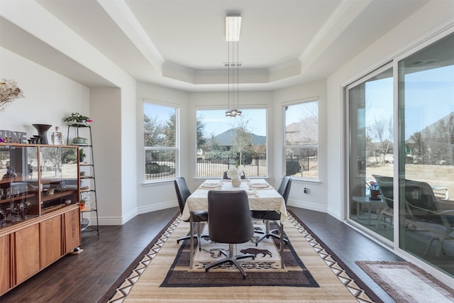 dining room featuring hardwood / wood-style flooring, baseboards, a tray ceiling, and crown molding