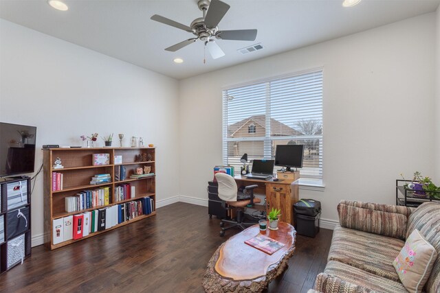 office space with ceiling fan, recessed lighting, wood finished floors, visible vents, and baseboards