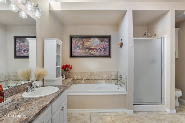 full bath with a garden tub, toilet, tile patterned flooring, vanity, and a shower stall