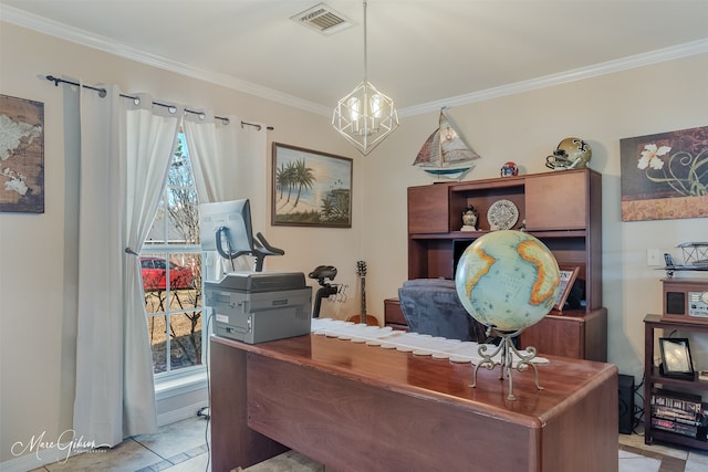 office space with an inviting chandelier, visible vents, and ornamental molding