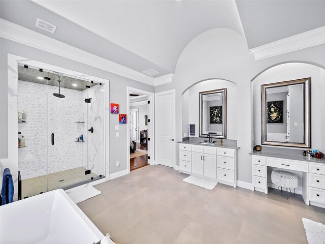 full bath featuring ornamental molding, a shower stall, vanity, and baseboards