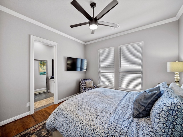 bedroom with ensuite bathroom, ornamental molding, a ceiling fan, wood finished floors, and baseboards