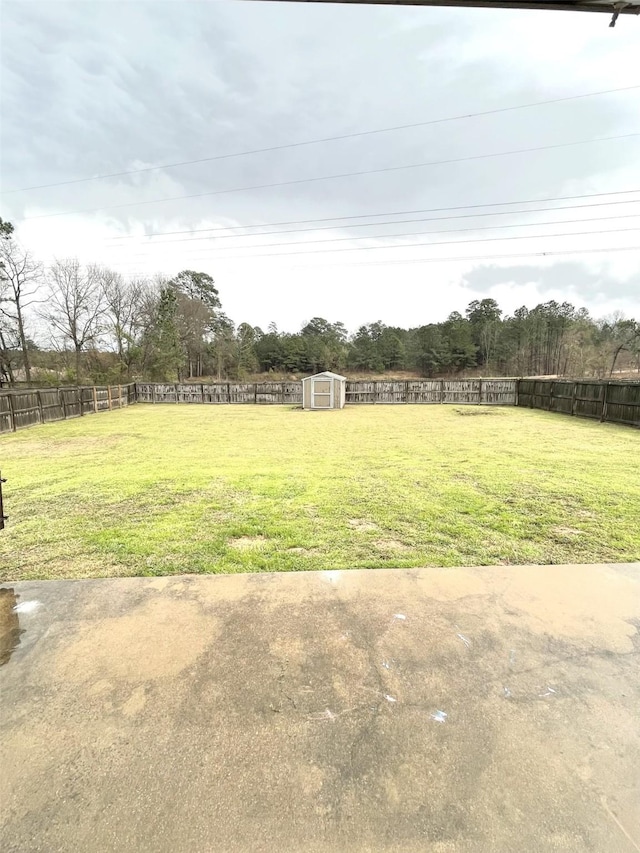 view of yard with an outbuilding, a fenced backyard, and a shed