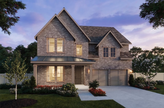 view of front of home featuring concrete driveway, an attached garage, a standing seam roof, fence, and brick siding