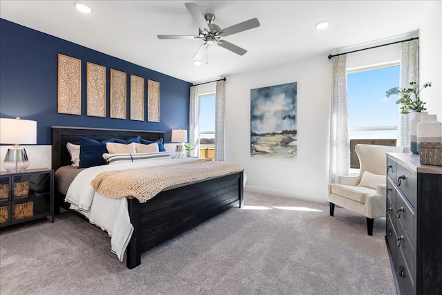 bedroom featuring carpet floors, ceiling fan, baseboards, and recessed lighting