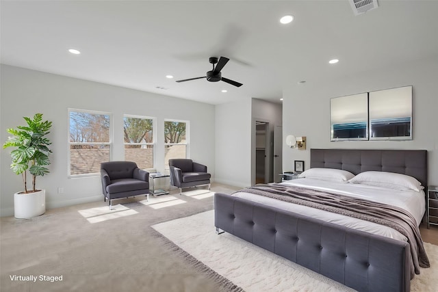 bedroom with baseboards, carpet flooring, visible vents, and recessed lighting