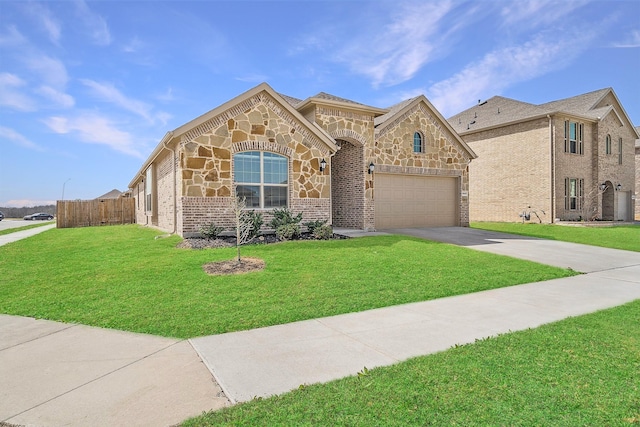 view of front of home with driveway, a garage, fence, and a front lawn