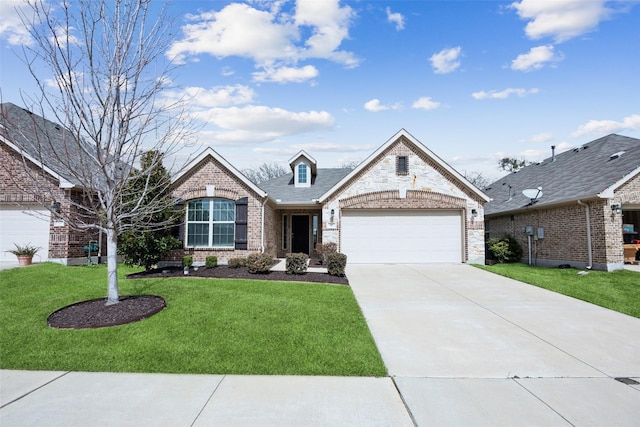 view of front of house featuring brick siding, concrete driveway, an attached garage, stone siding, and a front lawn